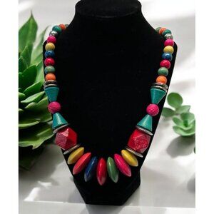 Handcrafted Rainbow Wooden Bead Necklace Geometric Shapes Graduating Beads Boho